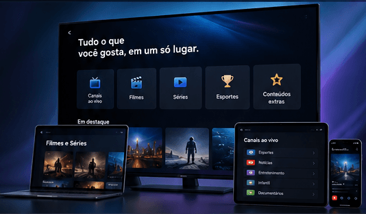 Composição de Smart TV, notebook, tablet e smartphone exibindo canais, filmes e séries da GPTV
